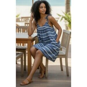 Boho Resort Chambray Tie Strap Dress LOFT Beach Blue Pockets XS